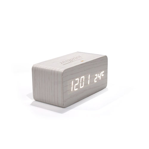 Wooden Alarm Clock With Wireless Charging Wood Led Digital Clock Sound Control Function Date & Temperature display White