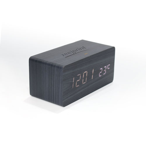 Wooden Alarm Clock With Wireless Charging Wood Led Digital Clock Sound Control Function Date & Temperature display metallic gray