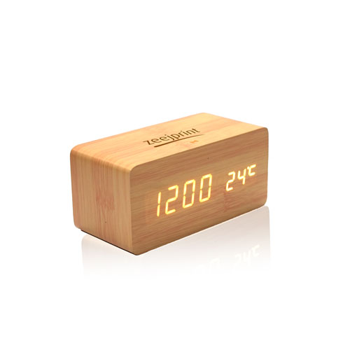 Wooden Alarm Clock With Wireless Charging Wood Led Digital Clock Sound Control Function Date & Temperature display tan